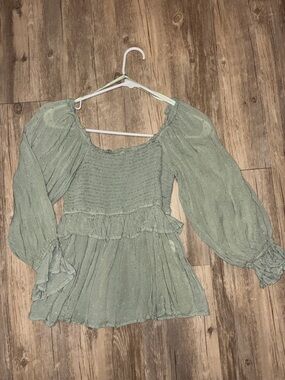 Pink Lily Sage Green Smocked Peasant Blouse